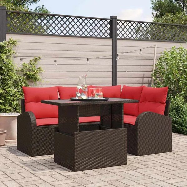 Ensemble de canapé de jardin 5 pcs Marron et rouge polyrotin
