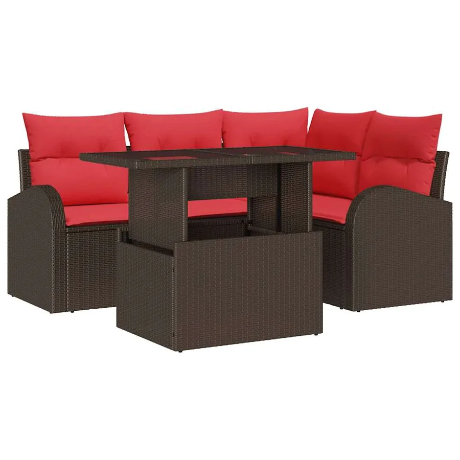Ensemble de canapé de jardin 5 pcs Marron et rouge polyrotin - 2