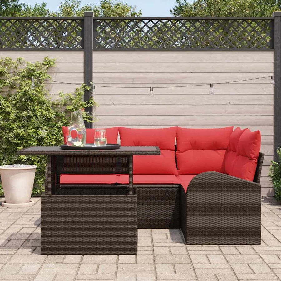 Ensemble de canapé de jardin 5 pcs Marron et rouge polyrotin - 3