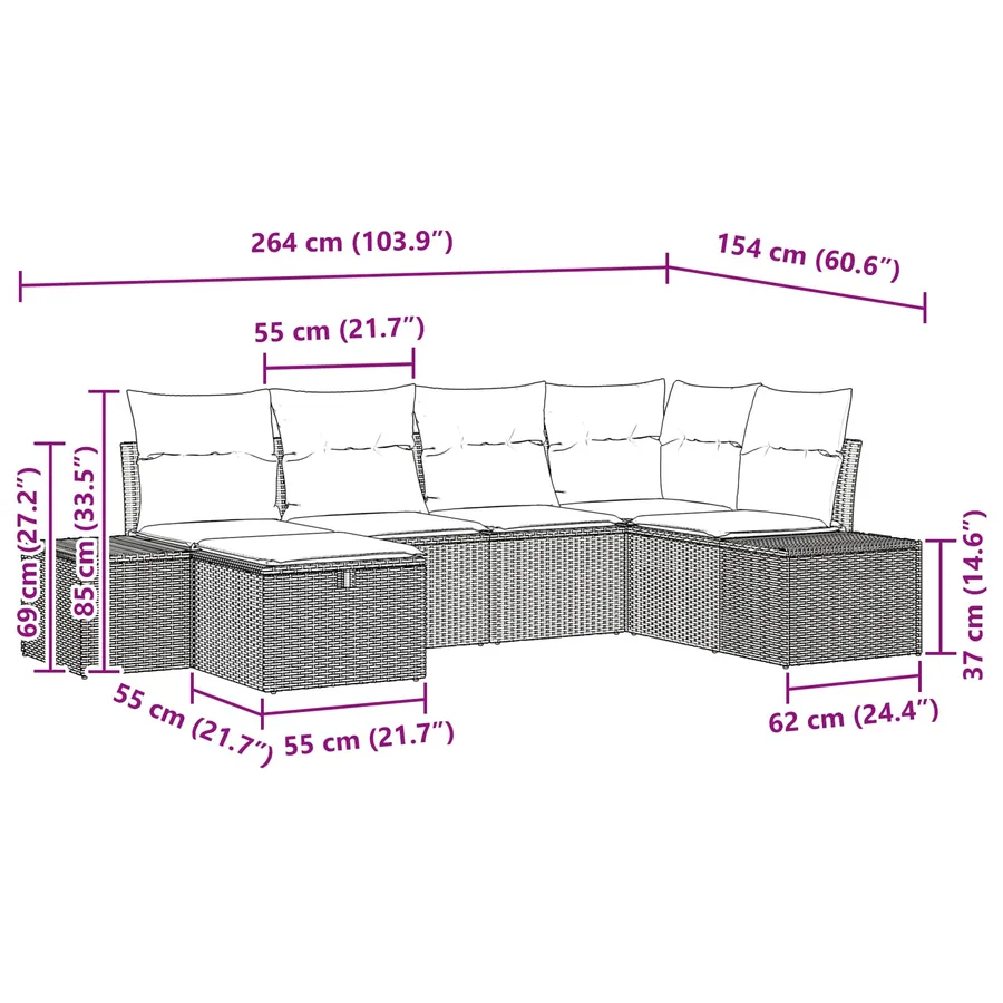 Ensemble de canapé de jardin 6 pcs Marron polyrotin - 8
