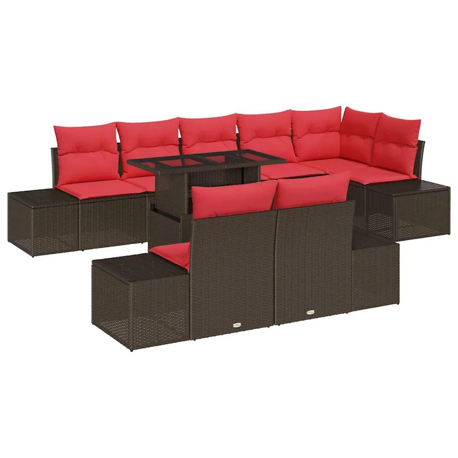 Ensemble de canapé de jardin 9 pcs Marron et rouge polyrotin - 2
