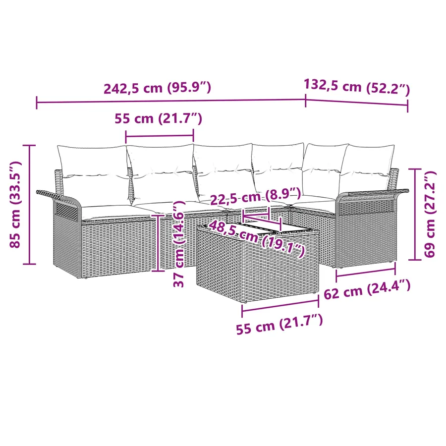 Ensemble de canapé de jardin 6 pcs Marron polyrotin - 13