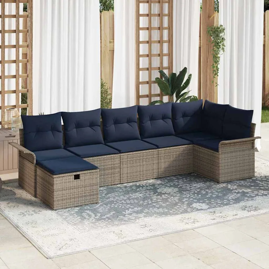 Ensemble de canapé de jardin 7 pcs Gris et marine polyrotin