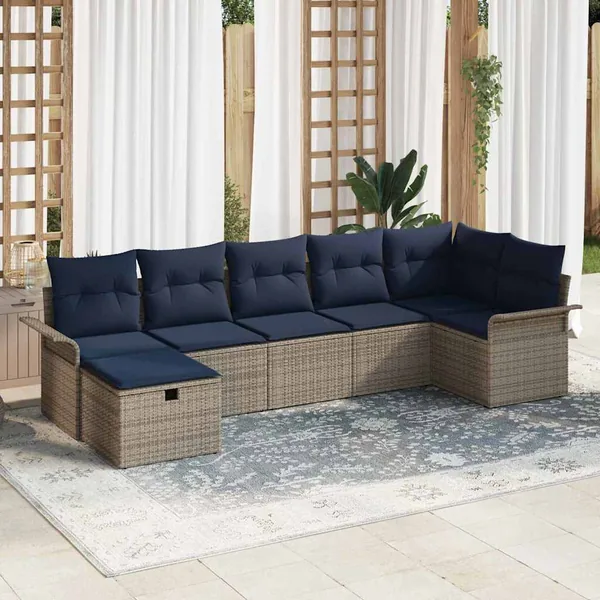 Ensemble de canapé de jardin 7 pcs Gris et marine polyrotin