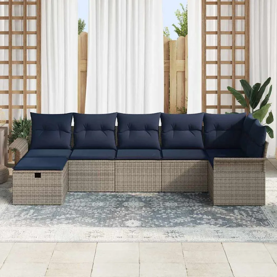 Ensemble de canapé de jardin 7 pcs Gris et marine polyrotin - 3