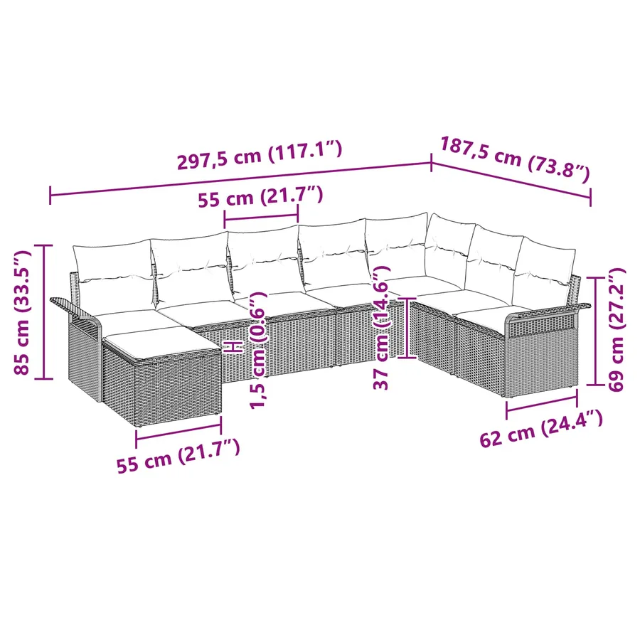 Ensemble de canapé de jardin avec coussin 8 pcs Gris polyrotin - 13