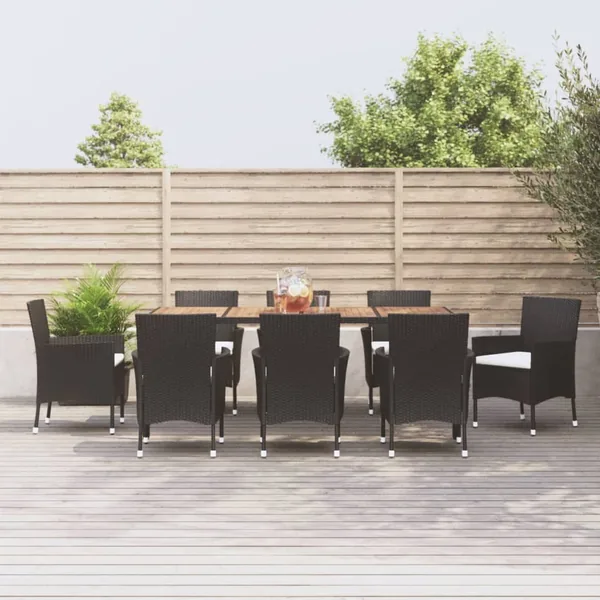 Ensemble à manger jardin 9pcs et coussins noir résine tressée