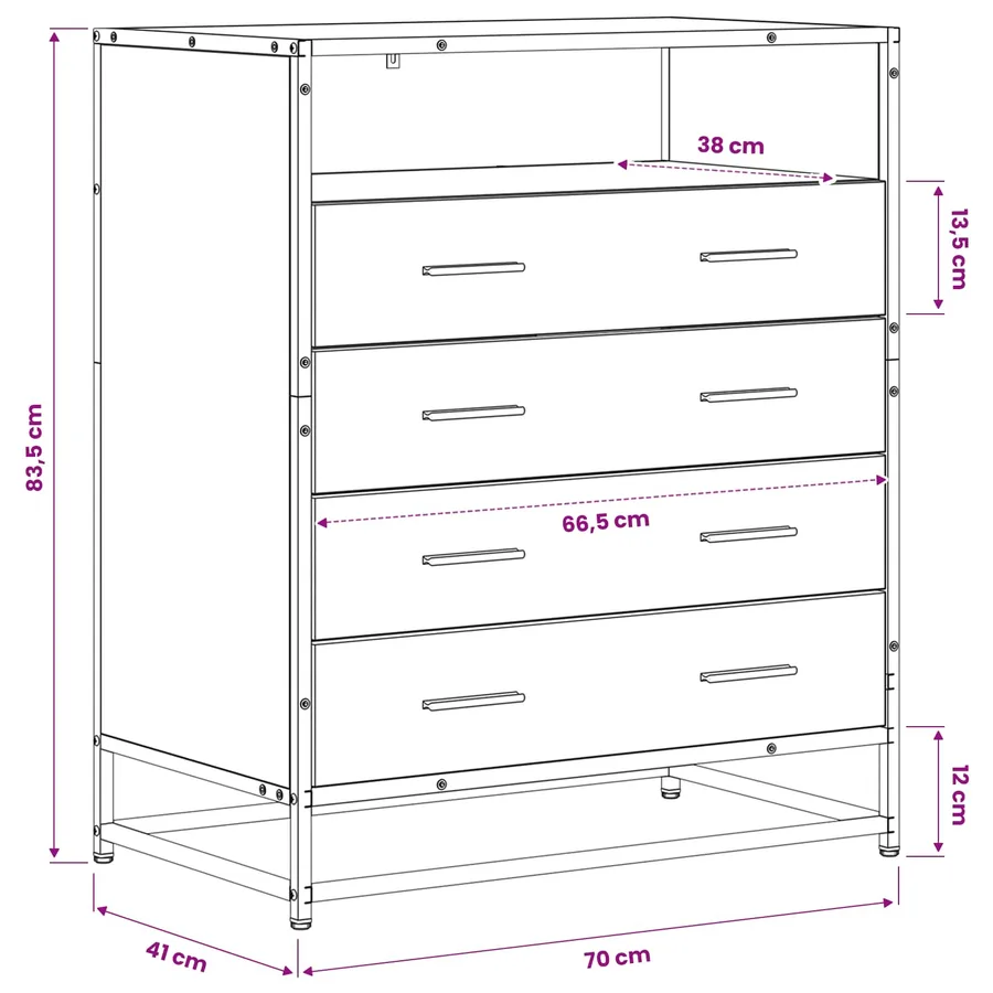 Armoire à tiroirs 4-Tiroir Chêne noir 70 x 41 x 83,5 cm - 6
