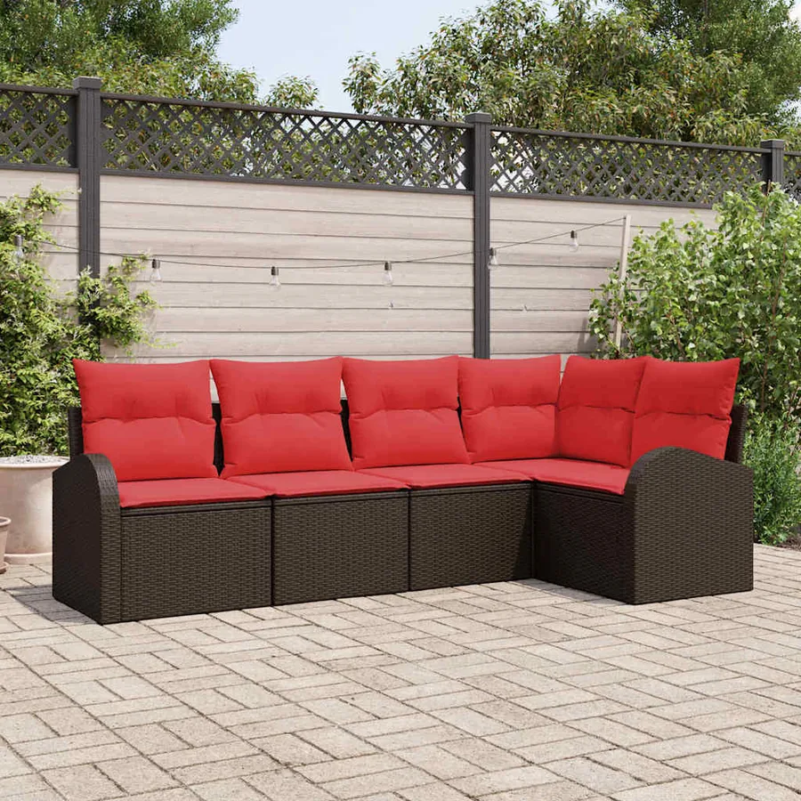 Ensemble de canapé de jardin 5 pcs Marron et rouge polyrotin
