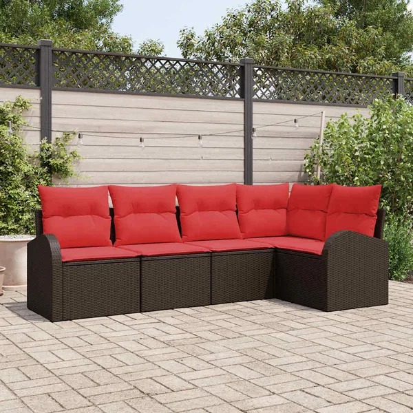 Ensemble de canapé de jardin 5 pcs Marron et rouge polyrotin