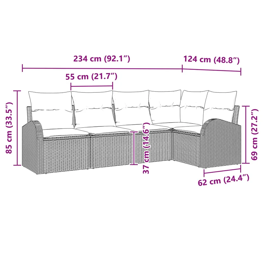 Ensemble de canapé de jardin 5 pcs Marron et rouge polyrotin - 12