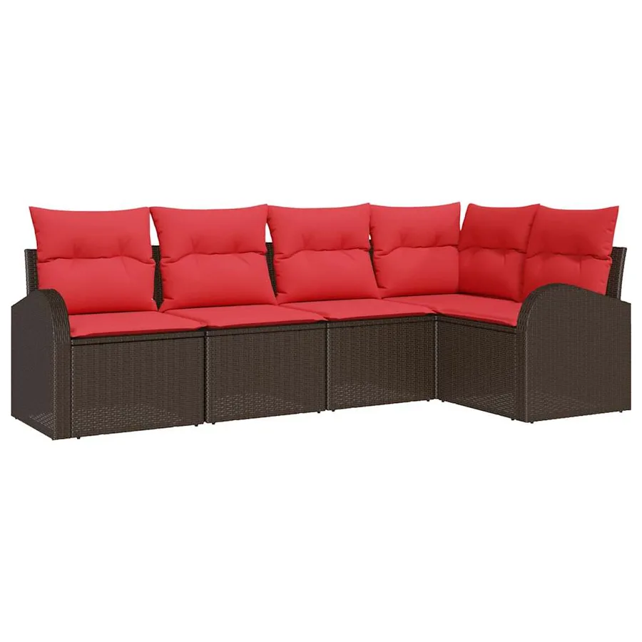 Ensemble de canapé de jardin 5 pcs Marron et rouge polyrotin - 2