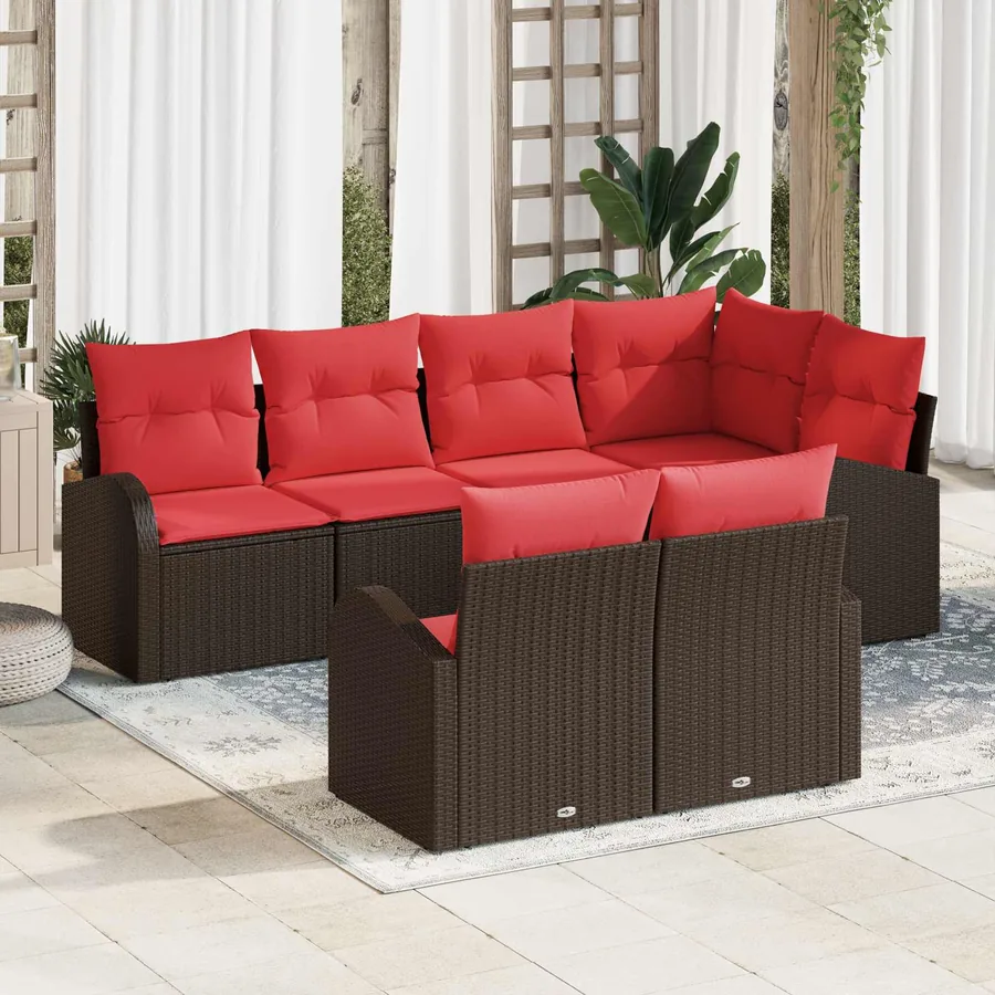 Ensemble de canapé de jardin 7 pcs Marron et rouge polyrotin