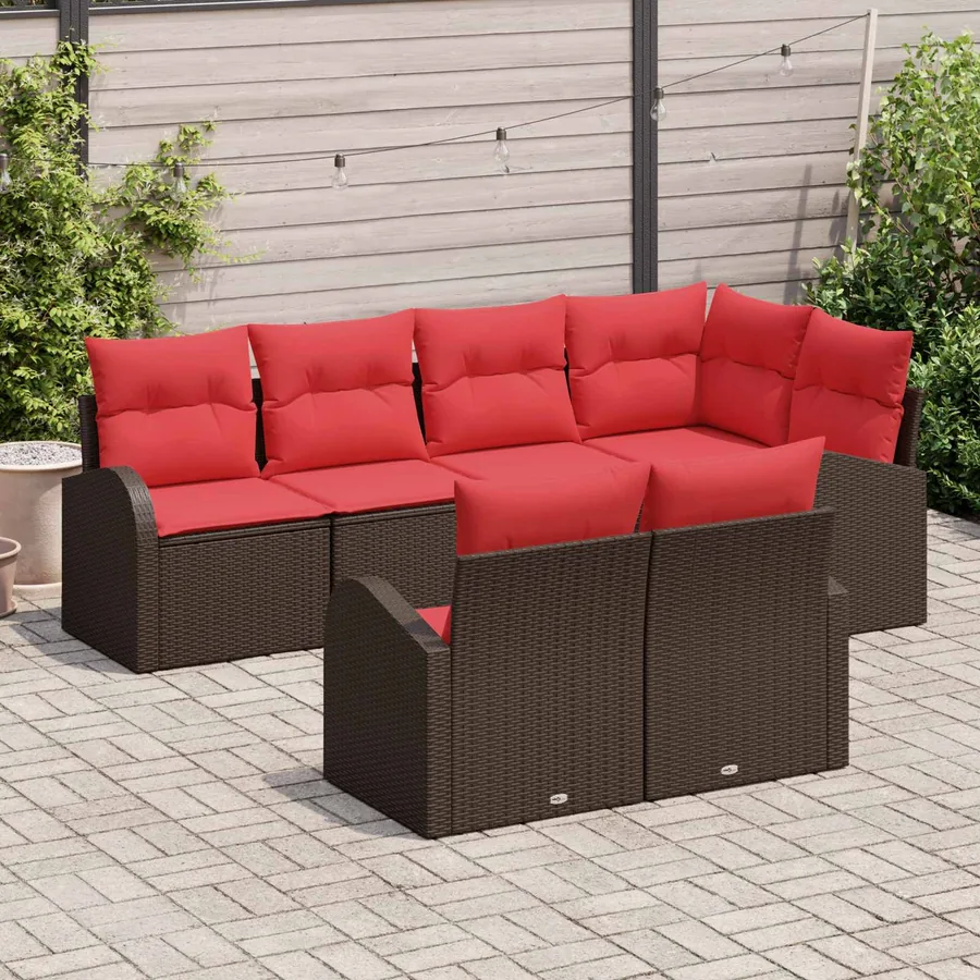 Ensemble de canapé de jardin 7 pcs Marron et rouge polyrotin - 3
