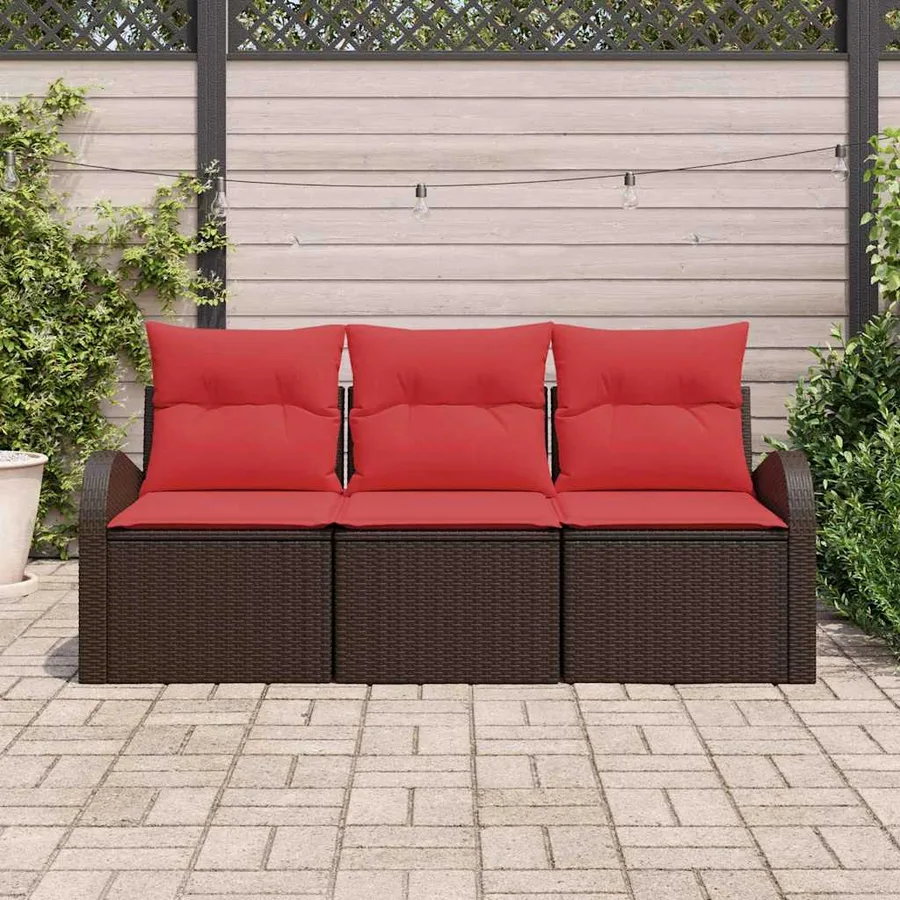 Ensemble de canapé de jardin 3 pcs Marron et rouge Poly rotin - 3