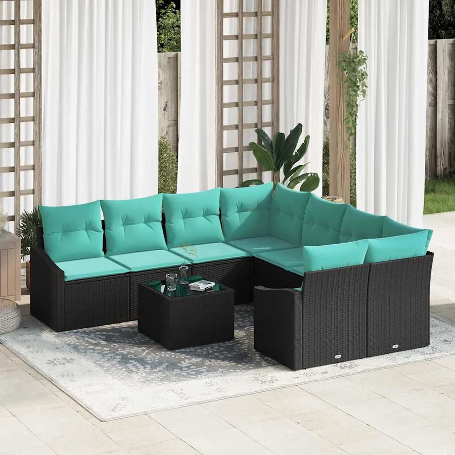 Ensemble de Canapés 9 pcs Noir et turquoise polyrotin