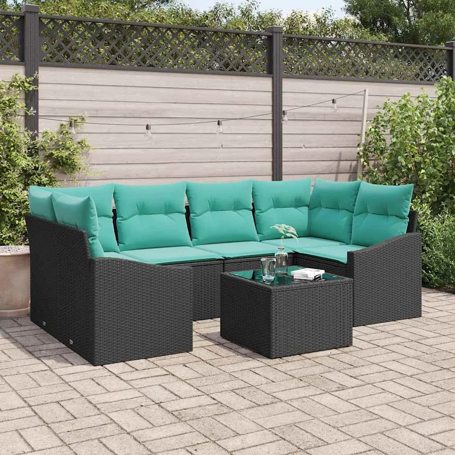 Ensemble de Canapés 7 pcs Noir et turquoise polyrotin