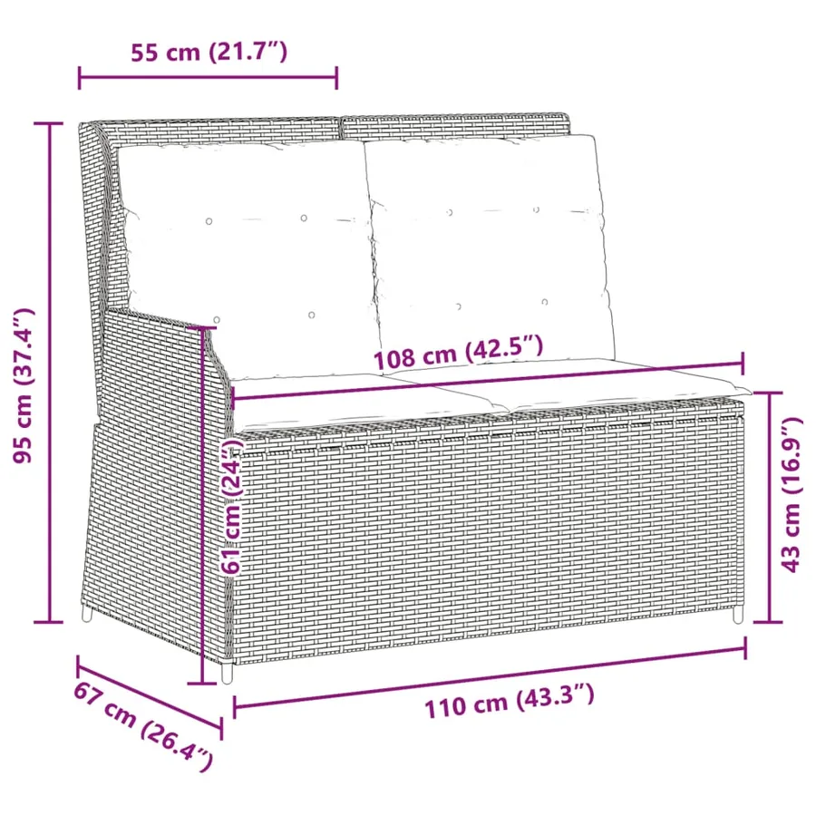 Banc inclinable de jardin avec coussins gris résine tressée - 9