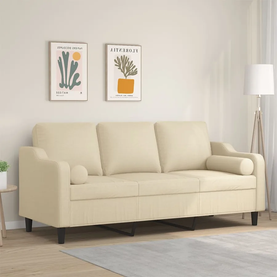 Canapé 3 places avec oreillers décoratifs crème 180 cm tissu