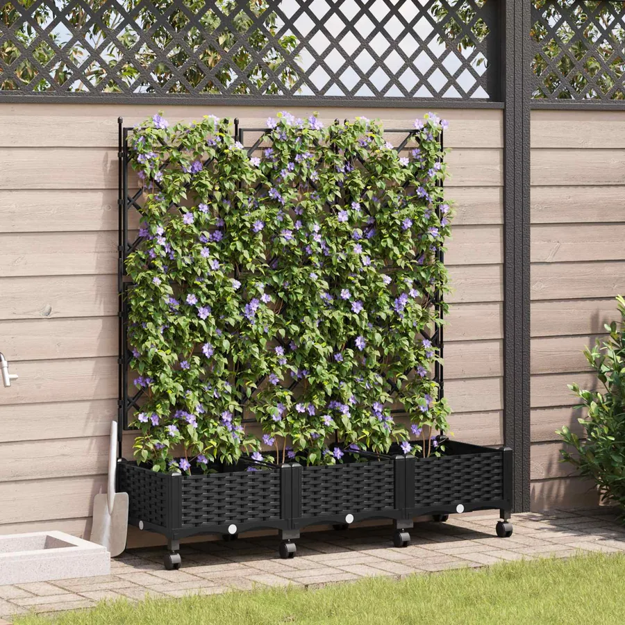 Bac de jardin avec treillis et roues 3 pc Noir PP