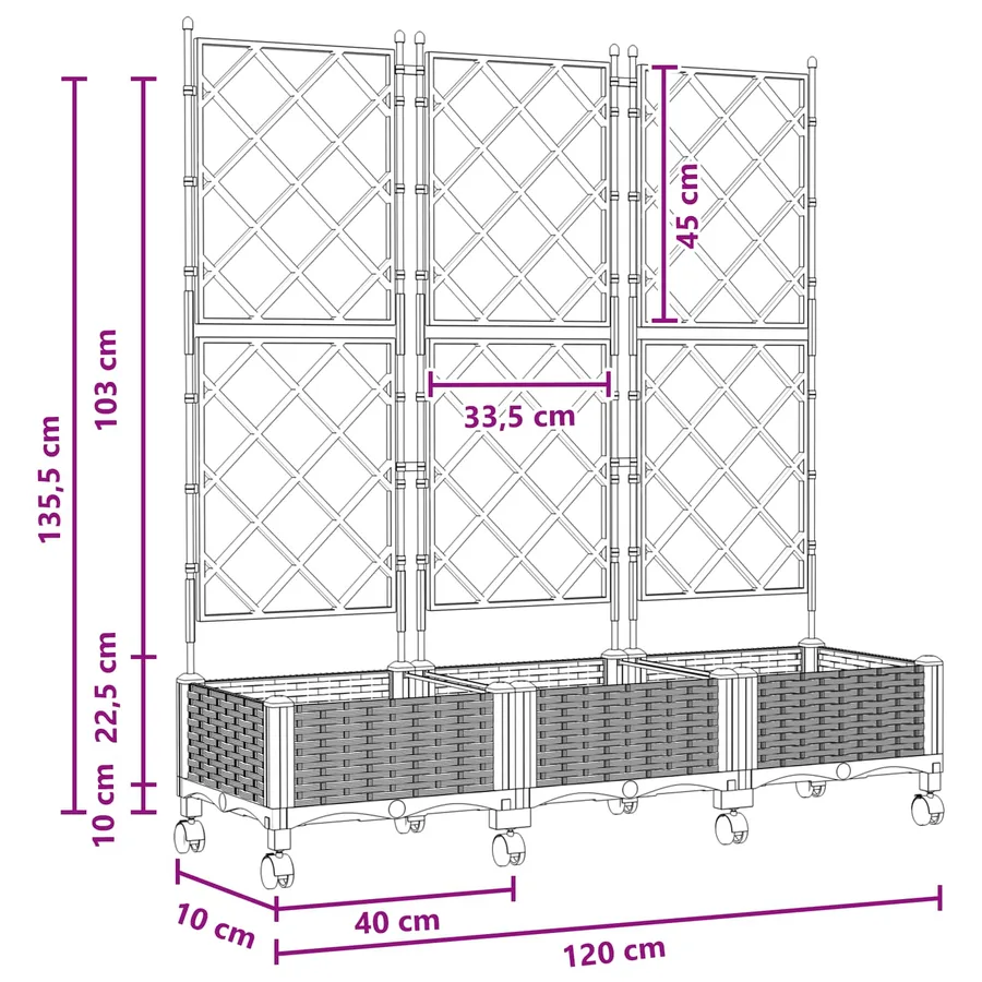 Bac de jardin avec treillis et roues 3 pc Noir PP - 8