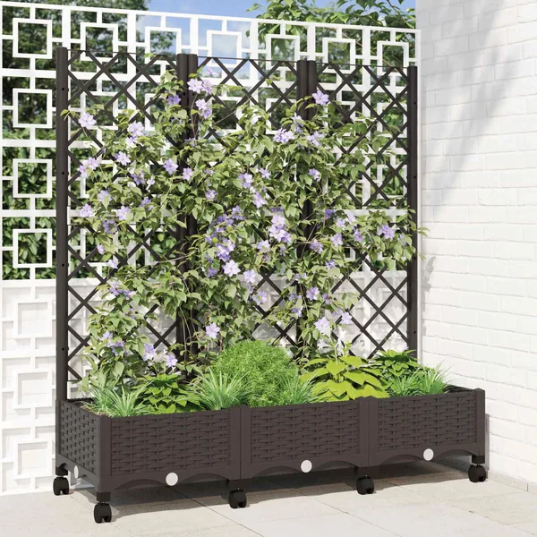 Bac de jardin avec treillis et roues Marron 120 x 40 x 131,5 cm
