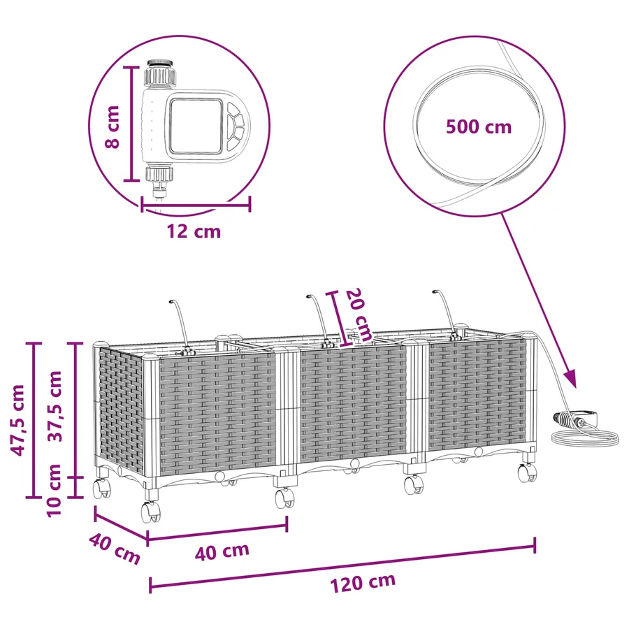 Porte-plante de jardin avec irrigation et roues 3 pc Blanc PP - 8