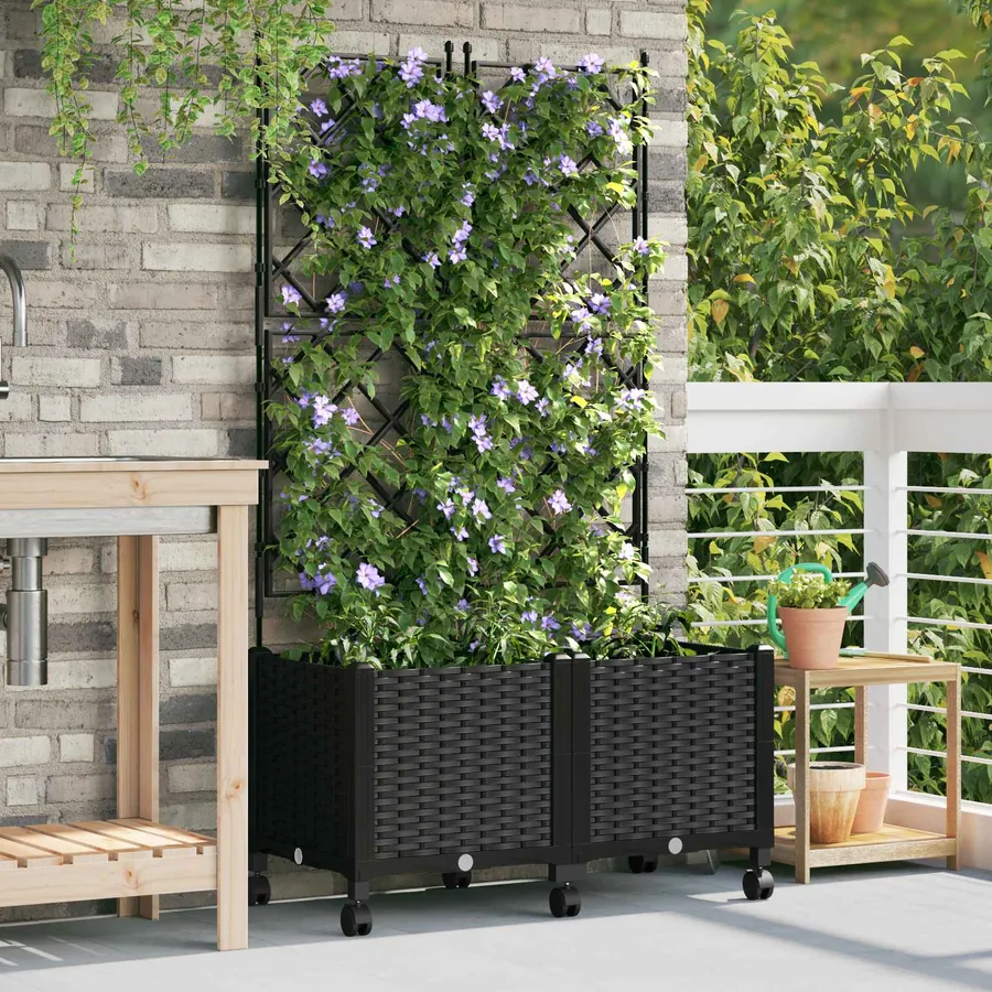 Bac de jardin avec treillis et roues 2 pc Noir 80 x 40 x 149 cm