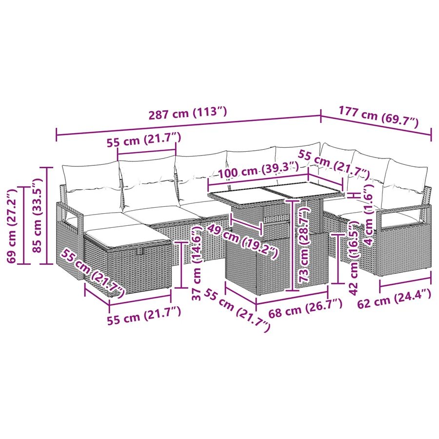 Ensemble de canapé de jardin 9 pcs Marron Poly rotin - 17