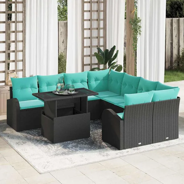 Ensemble de canapé de jardin 9 pcs Noir Poly Rattan