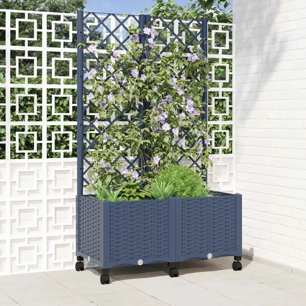 Bac de jardin avec treillis et roues Gris Bleu 80 x 40 x 146 cm