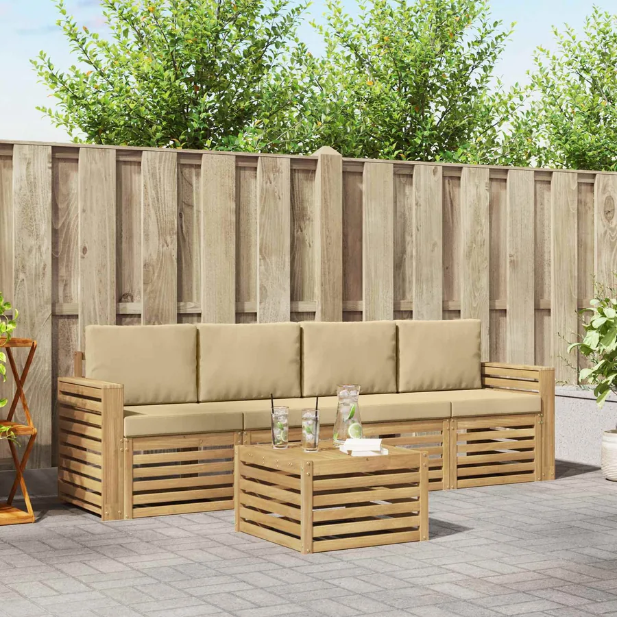 Ensemble de canapés d'extérieur 5 pcs Blanc et Beige Polyester