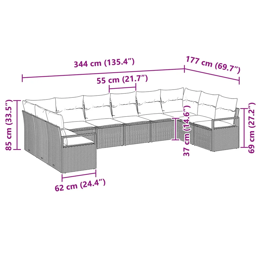Ensemble de canapé de jardin 10 pcs Marron et rouge polyrotin - 12