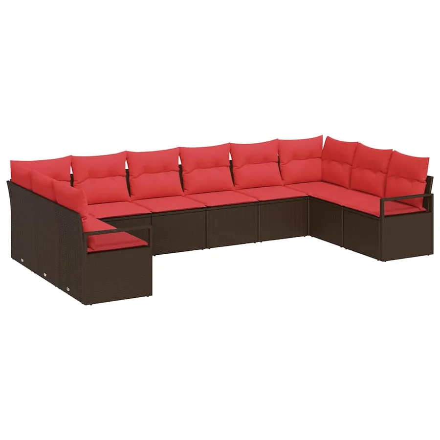 Ensemble de canapé de jardin 10 pcs Marron et rouge polyrotin - 2