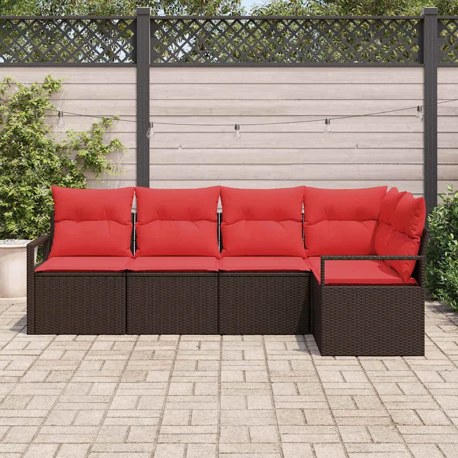 Ensemble de canapé de jardin 5 pcs Marron et rouge polyrotin - 3
