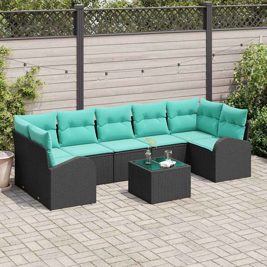 Ensemble de canapé de jardin 8 pcs Noir et turquoise polyrotin