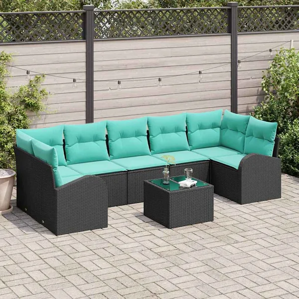 Ensemble de canapé de jardin 8 pcs Noir et turquoise polyrotin