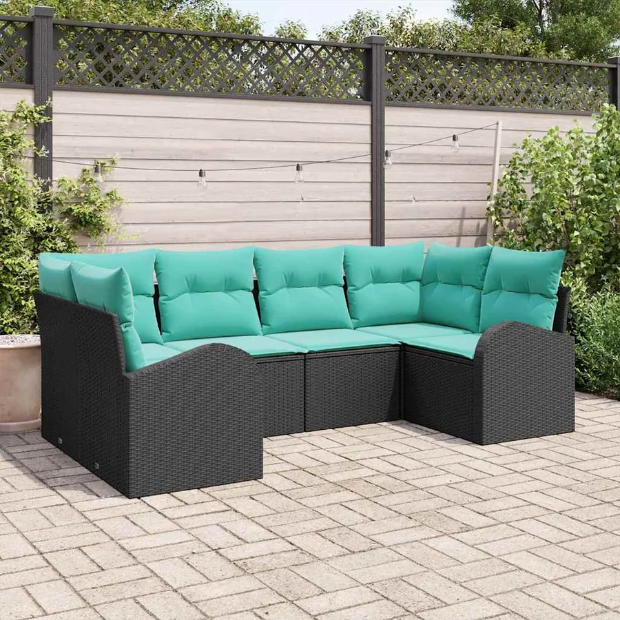 Ensemble de canapé de jardin 6 pcs Noir et turquoise polyrotin