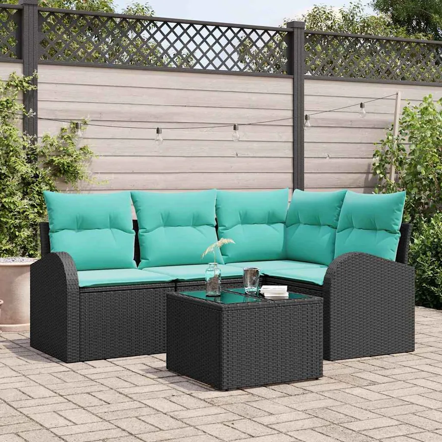 Ensemble de canapé de jardin 5 pcs Noir et turquoise polyrotin