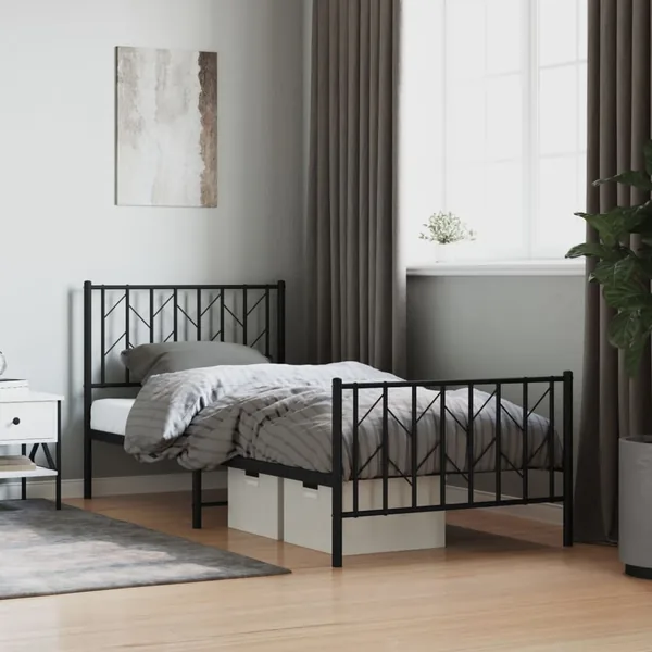 Cadre de lit métal sans matelas avec pied de lit noir 90x200 cm