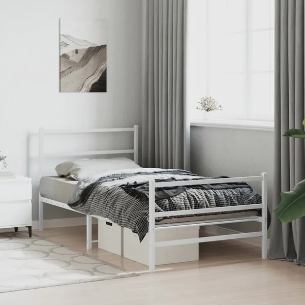 Cadre de lit métal sans matelas et pied de lit blanc 100x190 cm