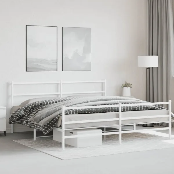 Cadre de lit métal sans matelas et pied de lit blanc 200x200 cm