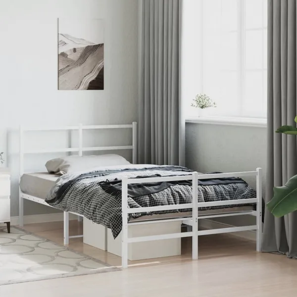 Cadre de lit métal sans matelas et pied de lit blanc 120x200 cm