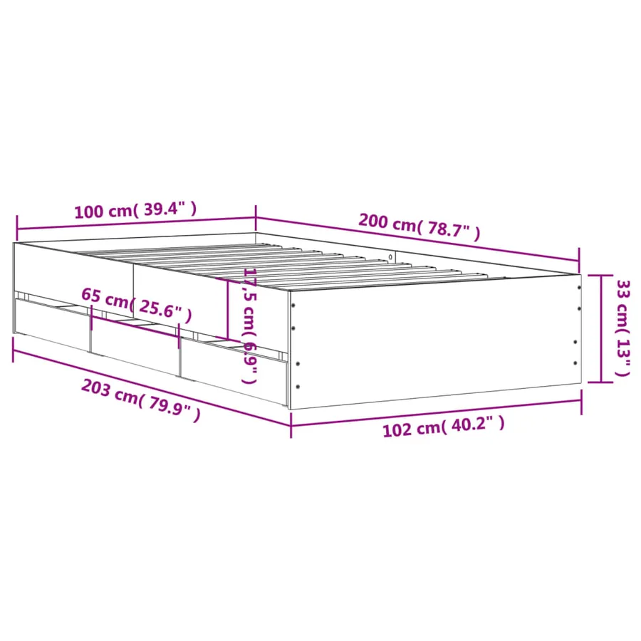 Cadre de lit avec tiroirs sans matelas sonoma gris 100x200 cm - 11