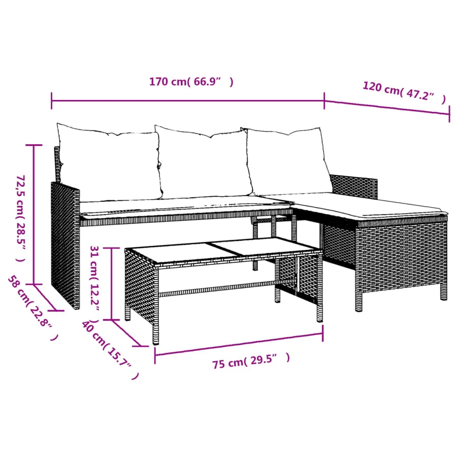 Canapé de jardin et table et coussins en forme de L gris clair - 10