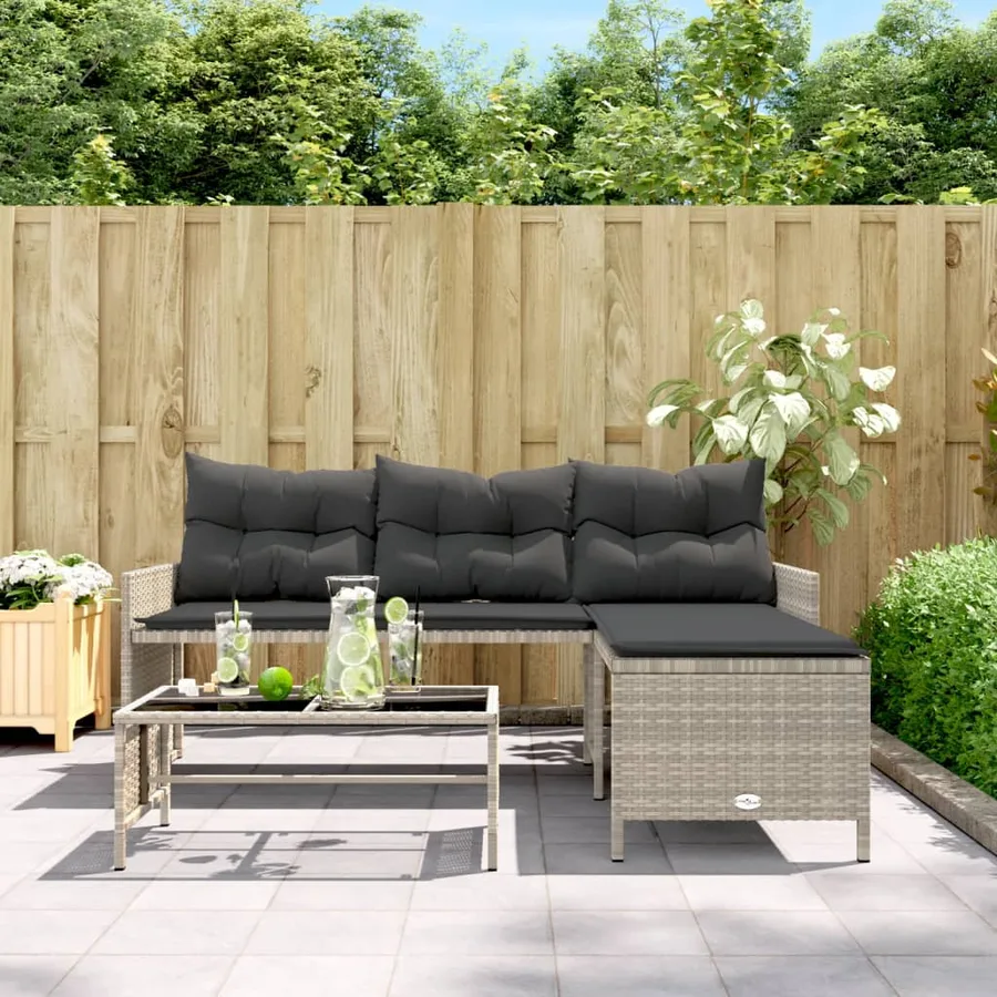 Canapé de jardin et table et coussins en forme de L gris clair - 3