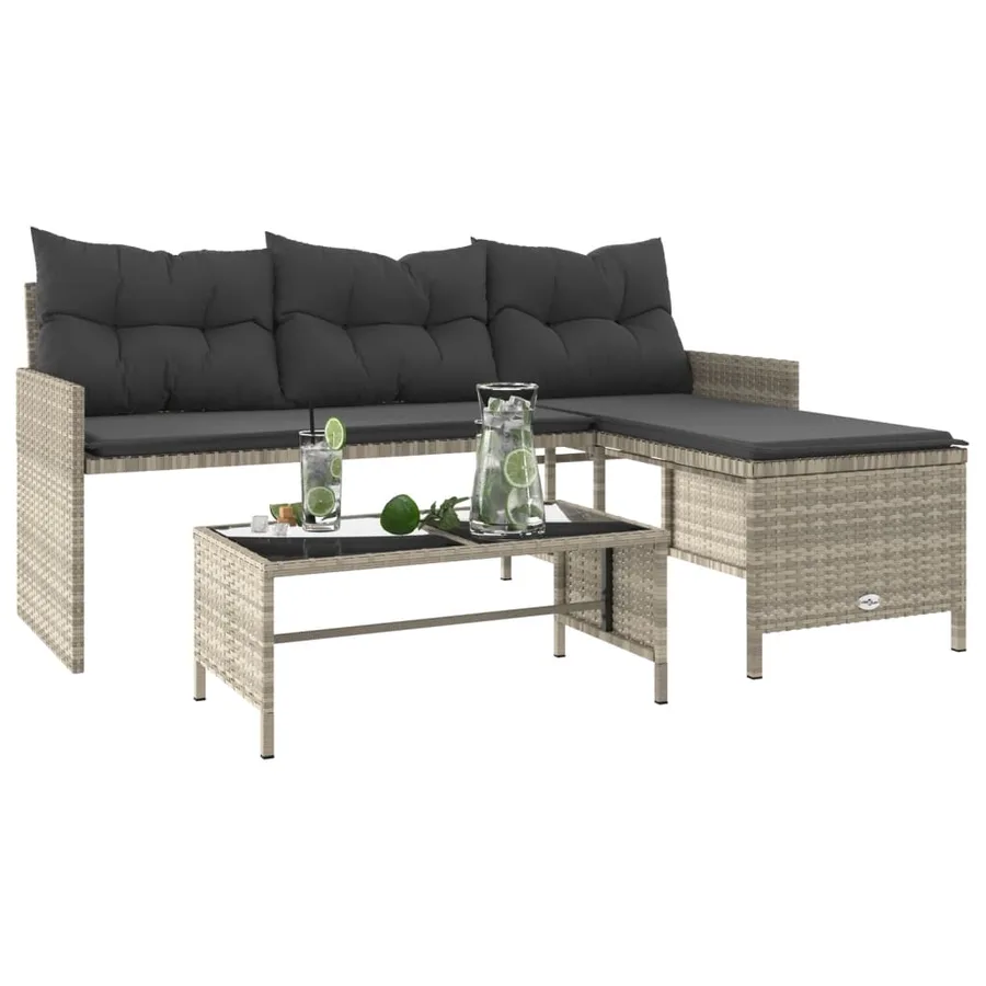 Canapé de jardin et table et coussins en forme de L gris clair - 4
