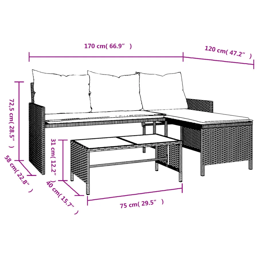 Canapé de jardin avec table et coussins en forme de L beige - 10
