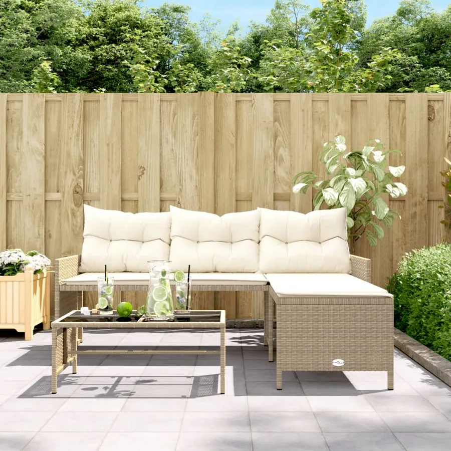 Canapé de jardin avec table et coussins en forme de L beige - 3