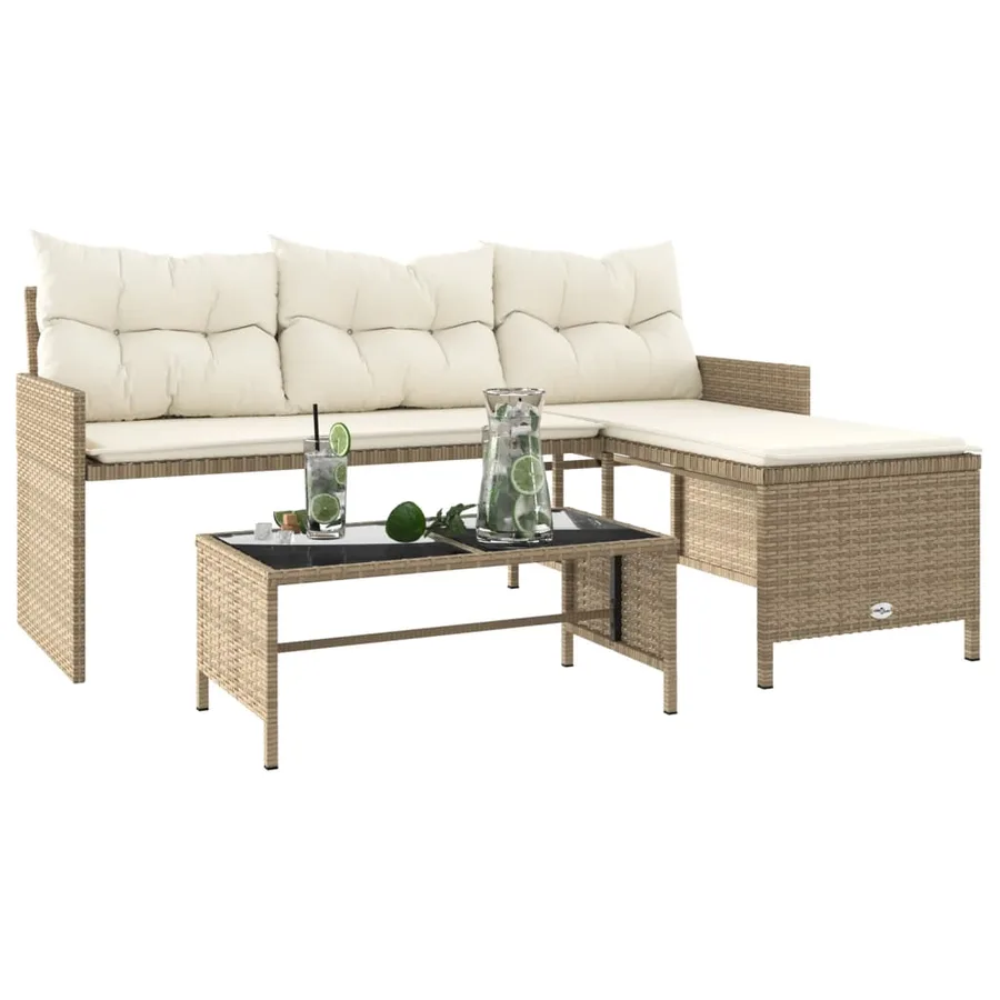 Canapé de jardin avec table et coussins en forme de L beige - 4